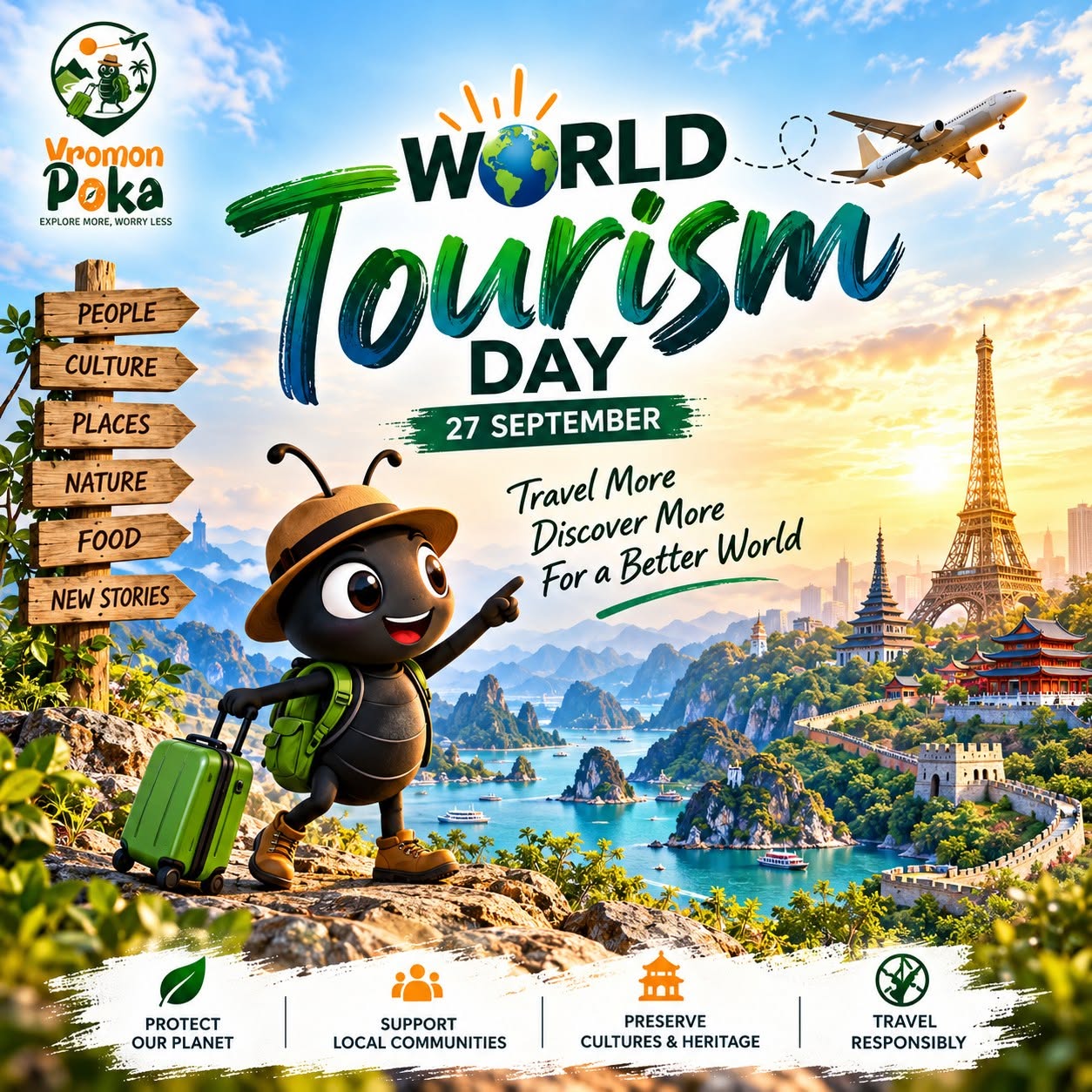 Vromon Poka — World Tourism Day, 27 September. Travel more, discover more for a better world. Protect our planet, support local communities, preserve cultures and heritage, travel responsibly.